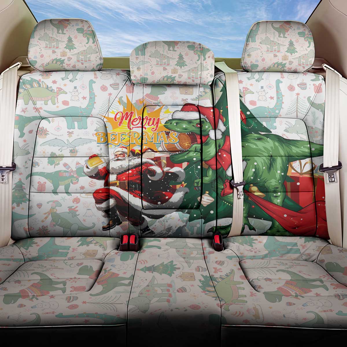 Cheer Santa Claus T-Rex Back Car Seat Cover Merry Beermas Christmas - Wonder Print Shop