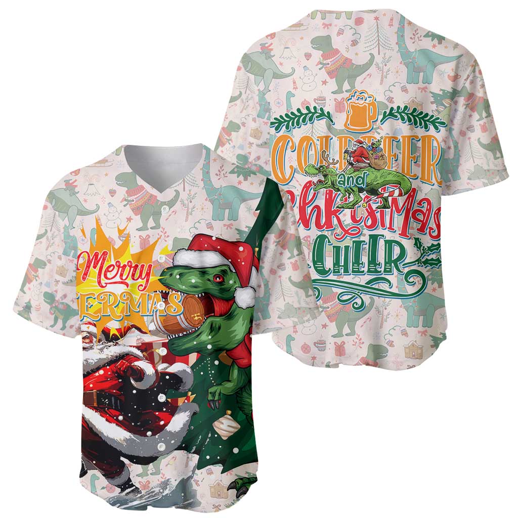 Cheer Santa Claus T-Rex Baseball Jersey Merry Beermas Christmas - Wonder Print Shop