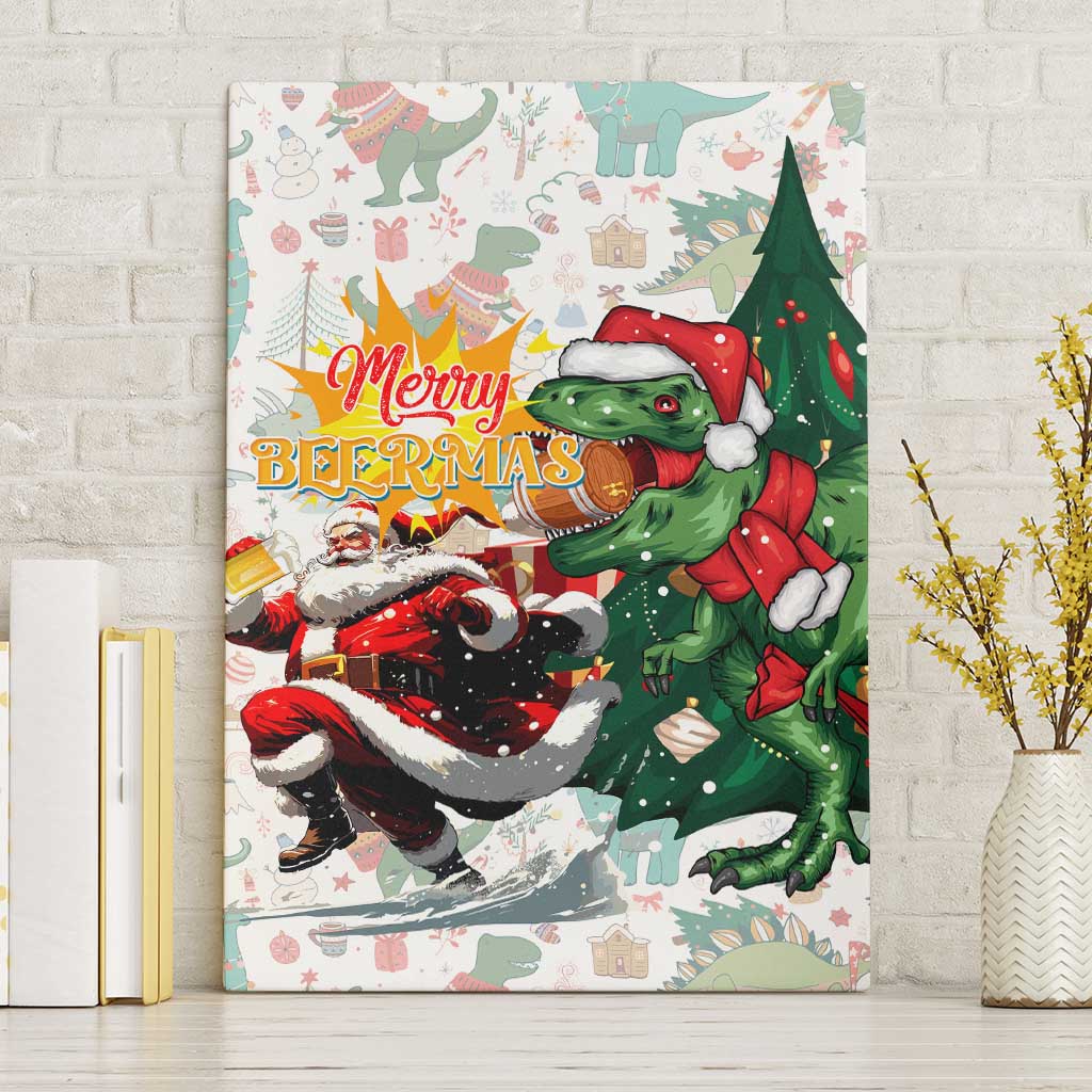 Cheer Santa Claus T-Rex Canvas Wall Art Merry Beermas Christmas - Wonder Print Shop