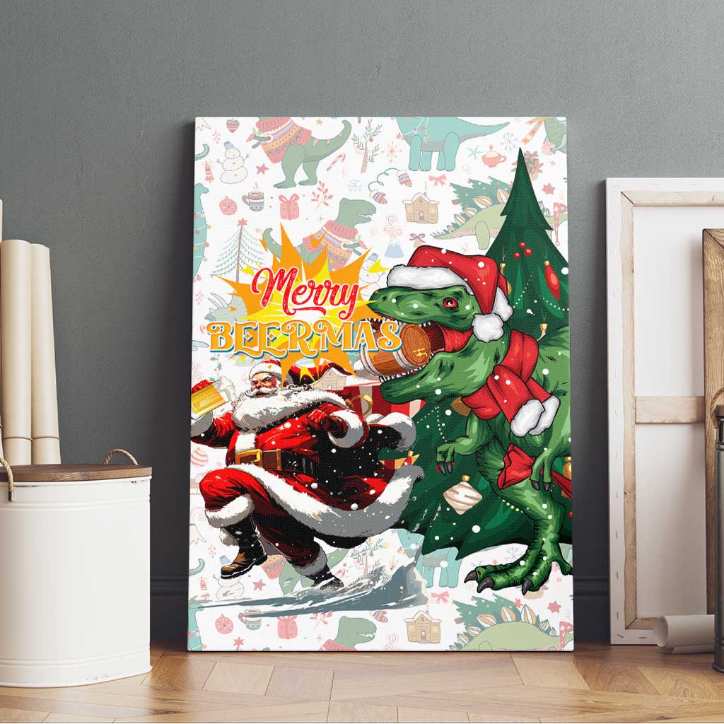 Cheer Santa Claus T-Rex Canvas Wall Art Merry Beermas Christmas - Wonder Print Shop