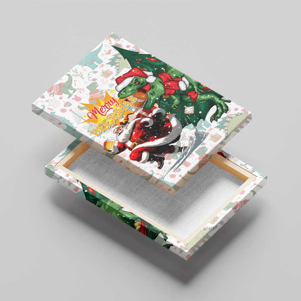 Cheer Santa Claus T-Rex Canvas Wall Art Merry Beermas Christmas - Wonder Print Shop