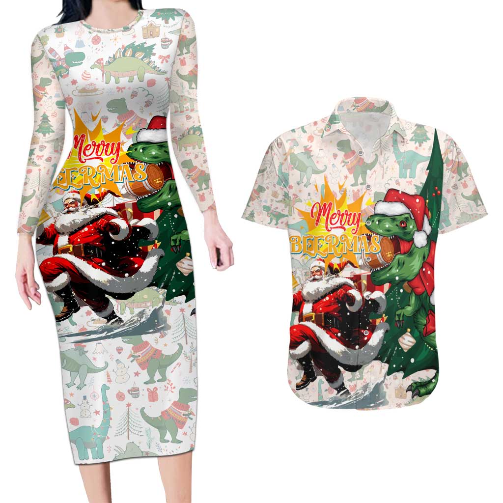 Cheer Santa Claus T-Rex Couples Matching Long Sleeve Bodycon Dress and Hawaiian Shirt Merry Beermas Christmas - Wonder Print Shop