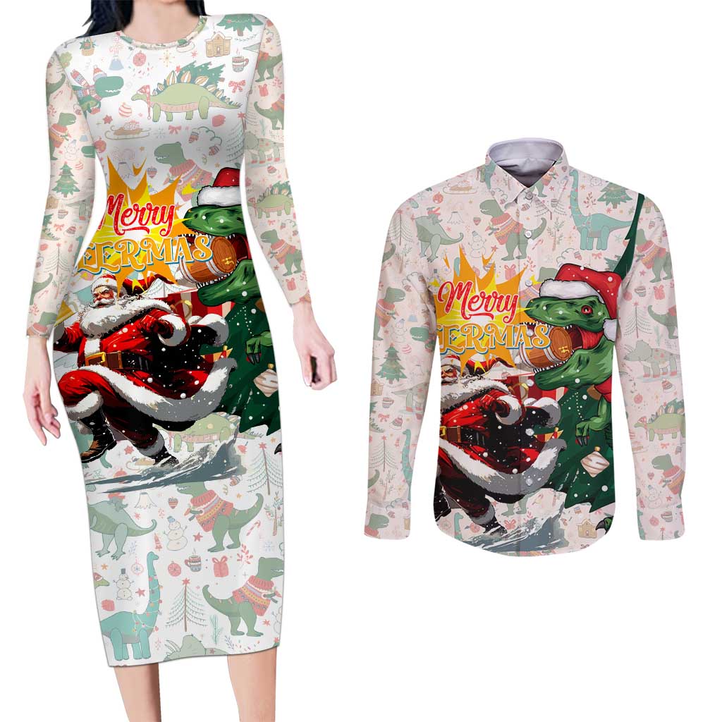 Cheer Santa Claus T-Rex Couples Matching Long Sleeve Bodycon Dress and Long Sleeve Button Shirt Merry Beermas Christmas - Wonder Print Shop