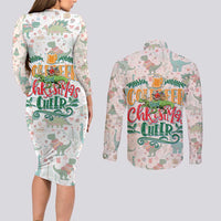 Cheer Santa Claus T-Rex Couples Matching Long Sleeve Bodycon Dress and Long Sleeve Button Shirt Merry Beermas Christmas - Wonder Print Shop