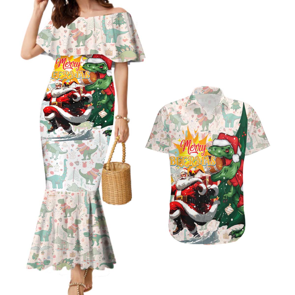 Cheer Santa Claus T-Rex Couples Matching Mermaid Dress and Hawaiian Shirt Merry Beermas Christmas - Wonder Print Shop