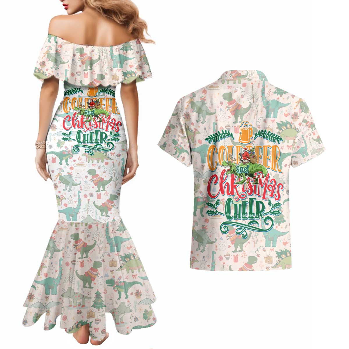 Cheer Santa Claus T-Rex Couples Matching Mermaid Dress and Hawaiian Shirt Merry Beermas Christmas - Wonder Print Shop