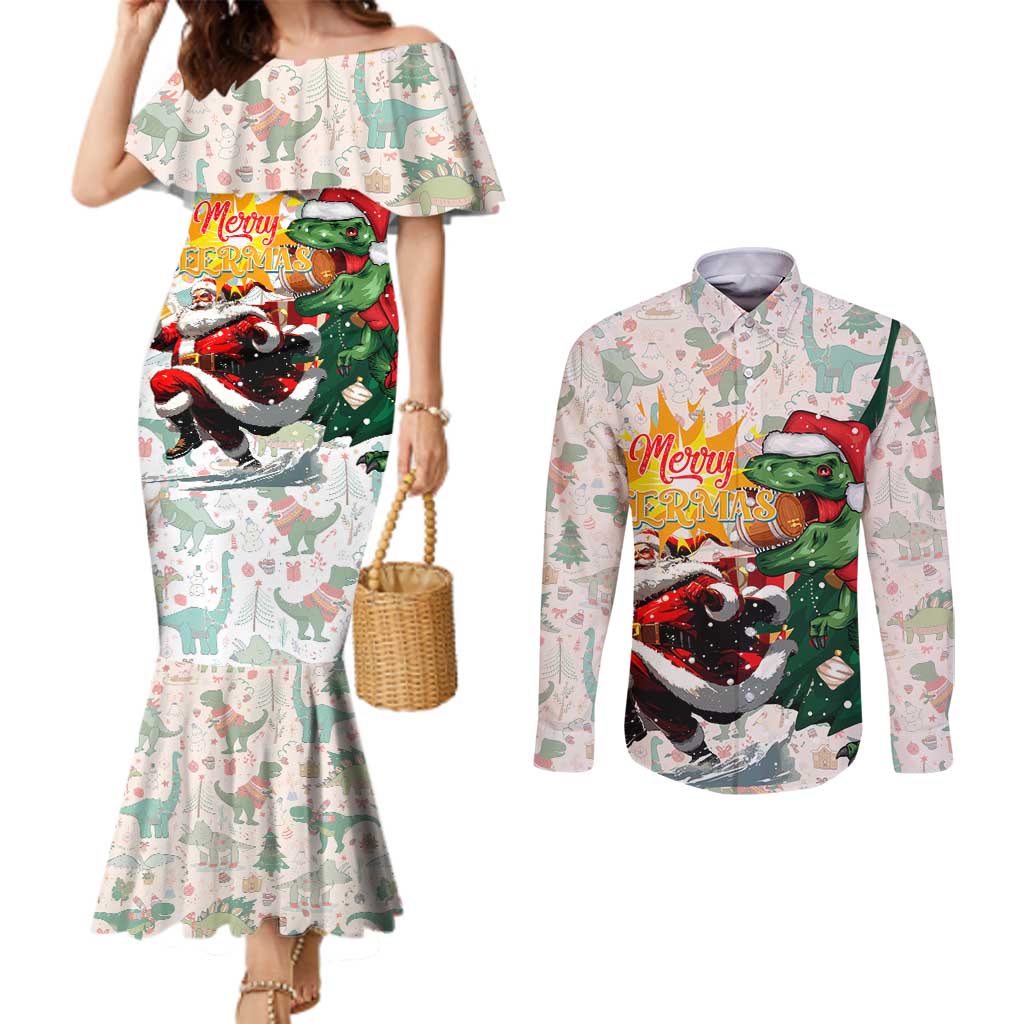 Cheer Santa Claus T-Rex Couples Matching Mermaid Dress and Long Sleeve Button Shirt Merry Beermas Christmas