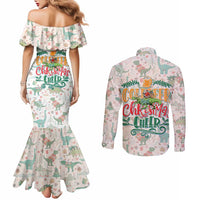 Cheer Santa Claus T-Rex Couples Matching Mermaid Dress and Long Sleeve Button Shirt Merry Beermas Christmas