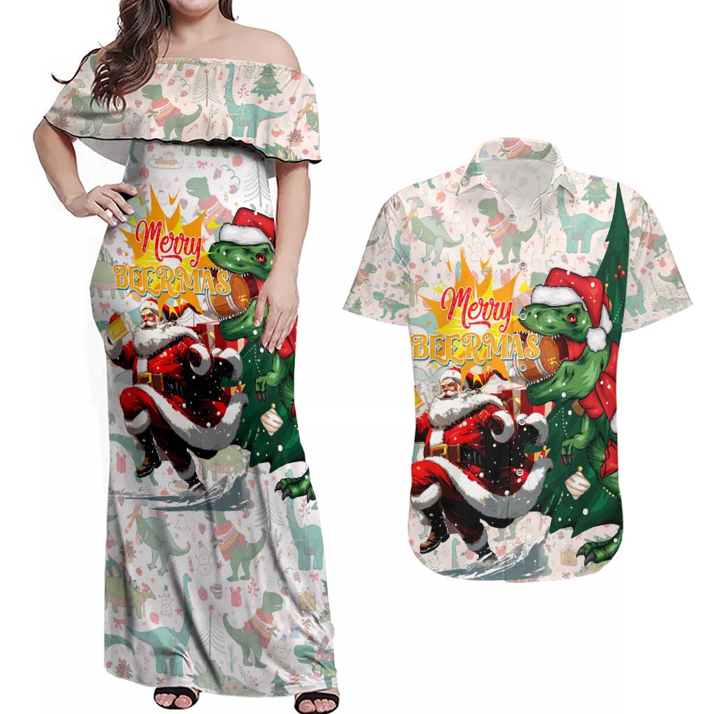 Cheer Santa Claus T-Rex Couples Matching Off Shoulder Maxi Dress and Hawaiian Shirt Merry Beermas Christmas - Wonder Print Shop