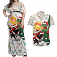 Cheer Santa Claus T-Rex Couples Matching Off Shoulder Maxi Dress and Hawaiian Shirt Merry Beermas Christmas - Wonder Print Shop