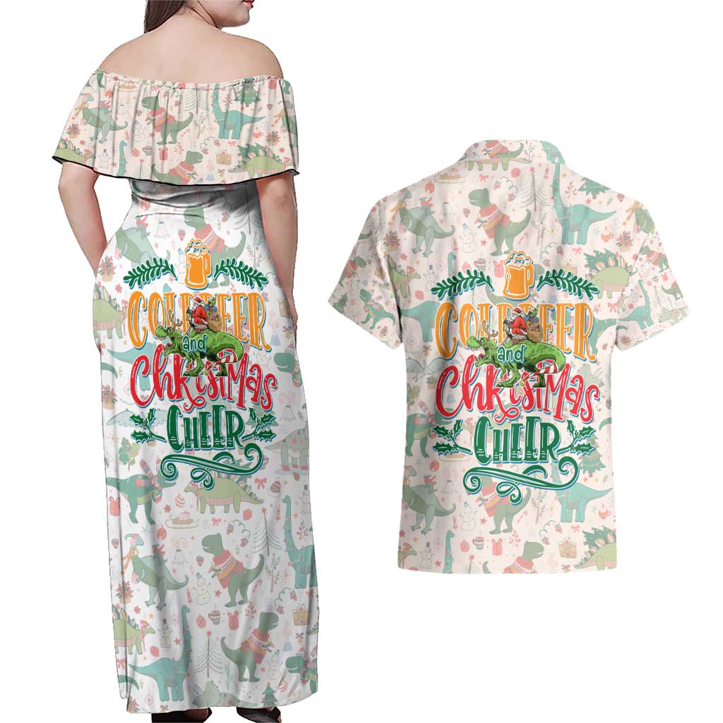 Cheer Santa Claus T-Rex Couples Matching Off Shoulder Maxi Dress and Hawaiian Shirt Merry Beermas Christmas - Wonder Print Shop