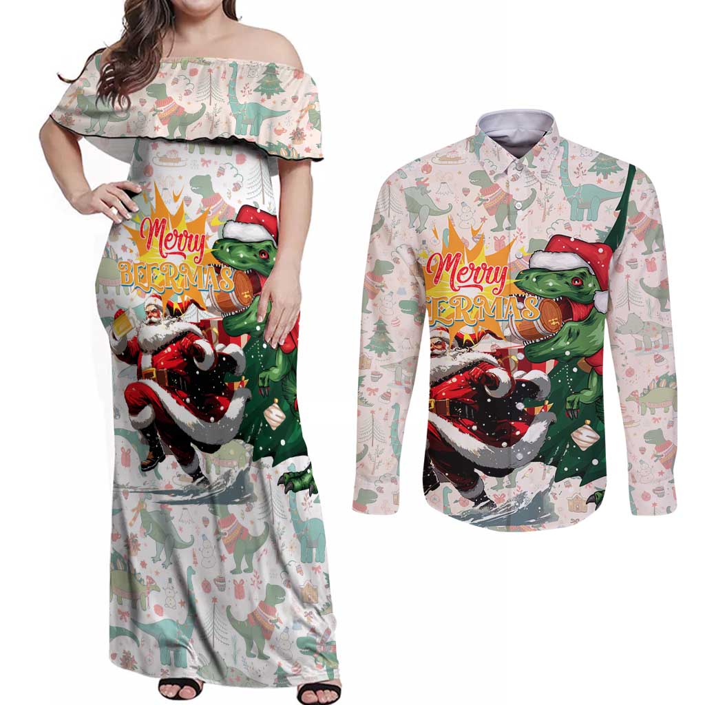 Cheer Santa Claus T-Rex Couples Matching Off Shoulder Maxi Dress and Long Sleeve Button Shirt Merry Beermas Christmas - Wonder Print Shop