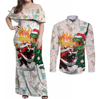 Cheer Santa Claus T-Rex Couples Matching Off Shoulder Maxi Dress and Long Sleeve Button Shirt Merry Beermas Christmas - Wonder Print Shop
