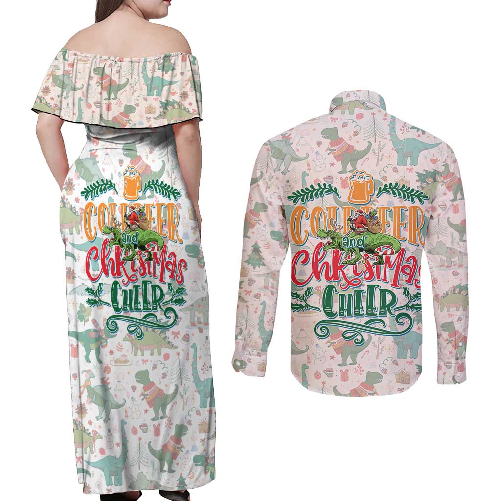 Cheer Santa Claus T-Rex Couples Matching Off Shoulder Maxi Dress and Long Sleeve Button Shirt Merry Beermas Christmas - Wonder Print Shop