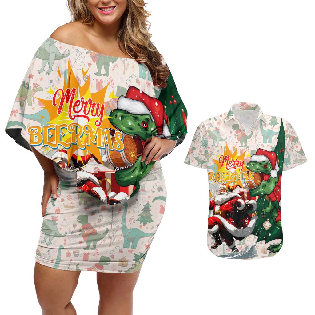 Cheer Santa Claus T-Rex Couples Matching Off Shoulder Short Dress and Hawaiian Shirt Merry Beermas Christmas - Wonder Print Shop