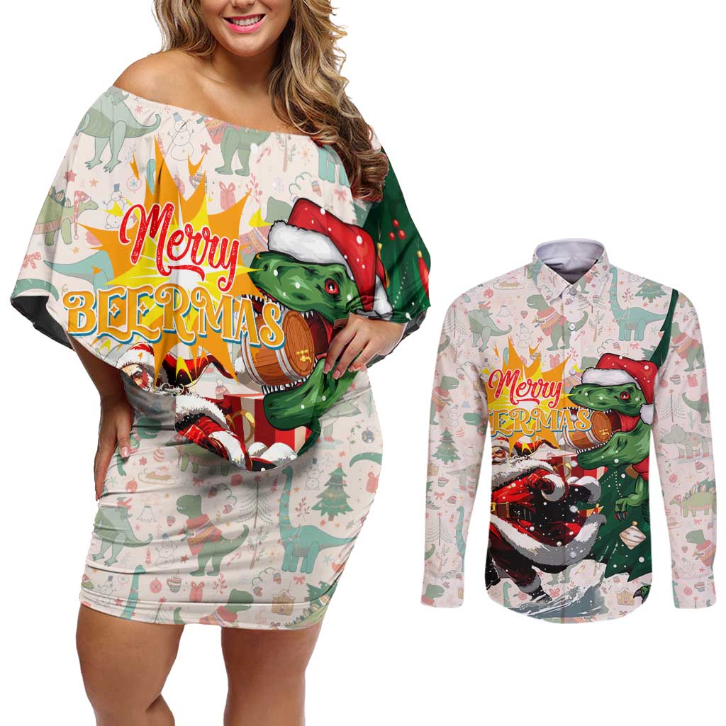 Cheer Santa Claus T-Rex Couples Matching Off Shoulder Short Dress and Long Sleeve Button Shirt Merry Beermas Christmas - Wonder Print Shop