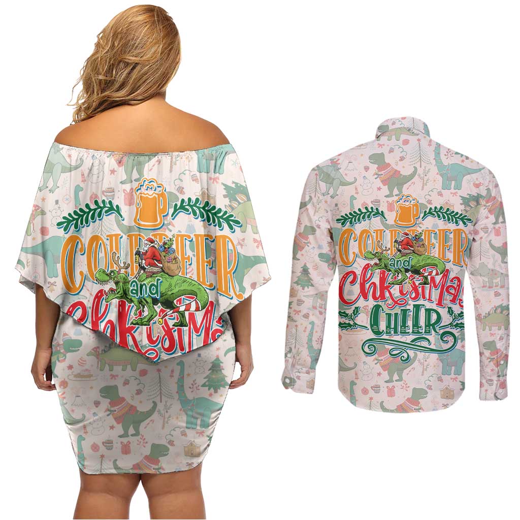 Cheer Santa Claus T-Rex Couples Matching Off Shoulder Short Dress and Long Sleeve Button Shirt Merry Beermas Christmas - Wonder Print Shop