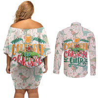 Cheer Santa Claus T-Rex Couples Matching Off Shoulder Short Dress and Long Sleeve Button Shirt Merry Beermas Christmas - Wonder Print Shop