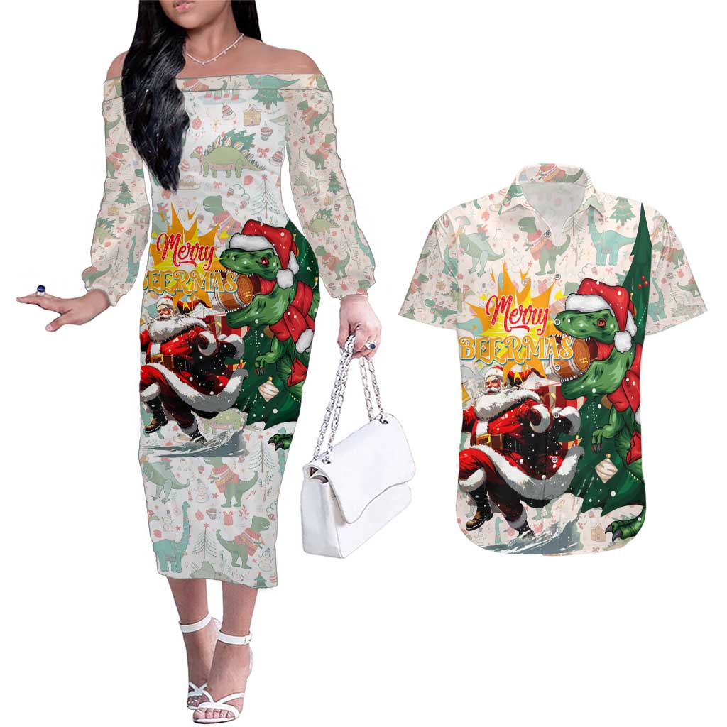 Cheer Santa Claus T-Rex Couples Matching Off The Shoulder Long Sleeve Dress and Hawaiian Shirt Merry Beermas Christmas - Wonder Print Shop