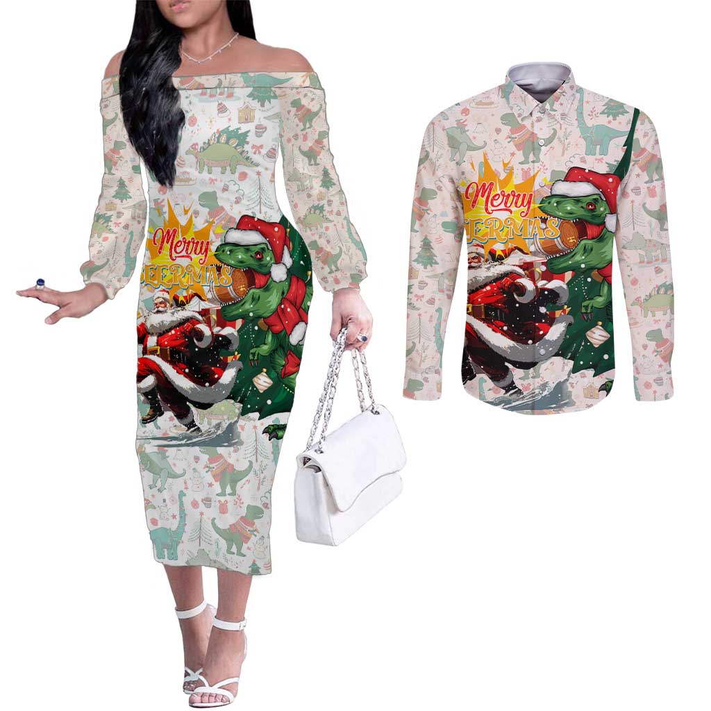 Cheer Santa Claus T-Rex Couples Matching Off The Shoulder Long Sleeve Dress and Long Sleeve Button Shirt Merry Beermas Christmas