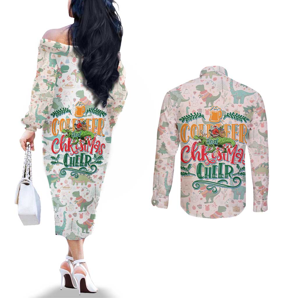 Cheer Santa Claus T-Rex Couples Matching Off The Shoulder Long Sleeve Dress and Long Sleeve Button Shirt Merry Beermas Christmas