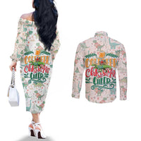Cheer Santa Claus T-Rex Couples Matching Off The Shoulder Long Sleeve Dress and Long Sleeve Button Shirt Merry Beermas Christmas