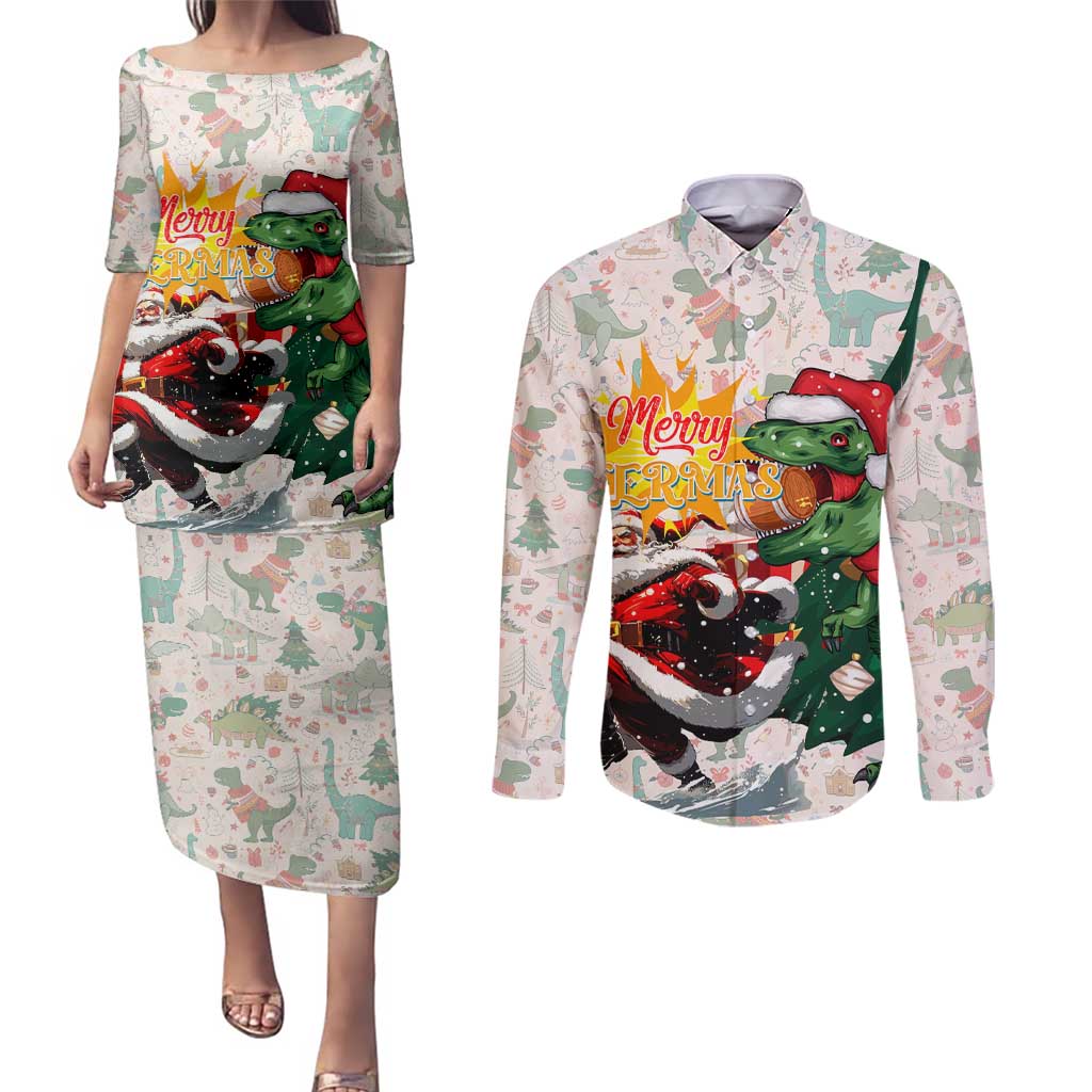 Cheer Santa Claus T-Rex Couples Matching Puletasi and Long Sleeve Button Shirt Merry Beermas Christmas - Wonder Print Shop