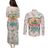 Cheer Santa Claus T-Rex Couples Matching Puletasi and Long Sleeve Button Shirt Merry Beermas Christmas - Wonder Print Shop