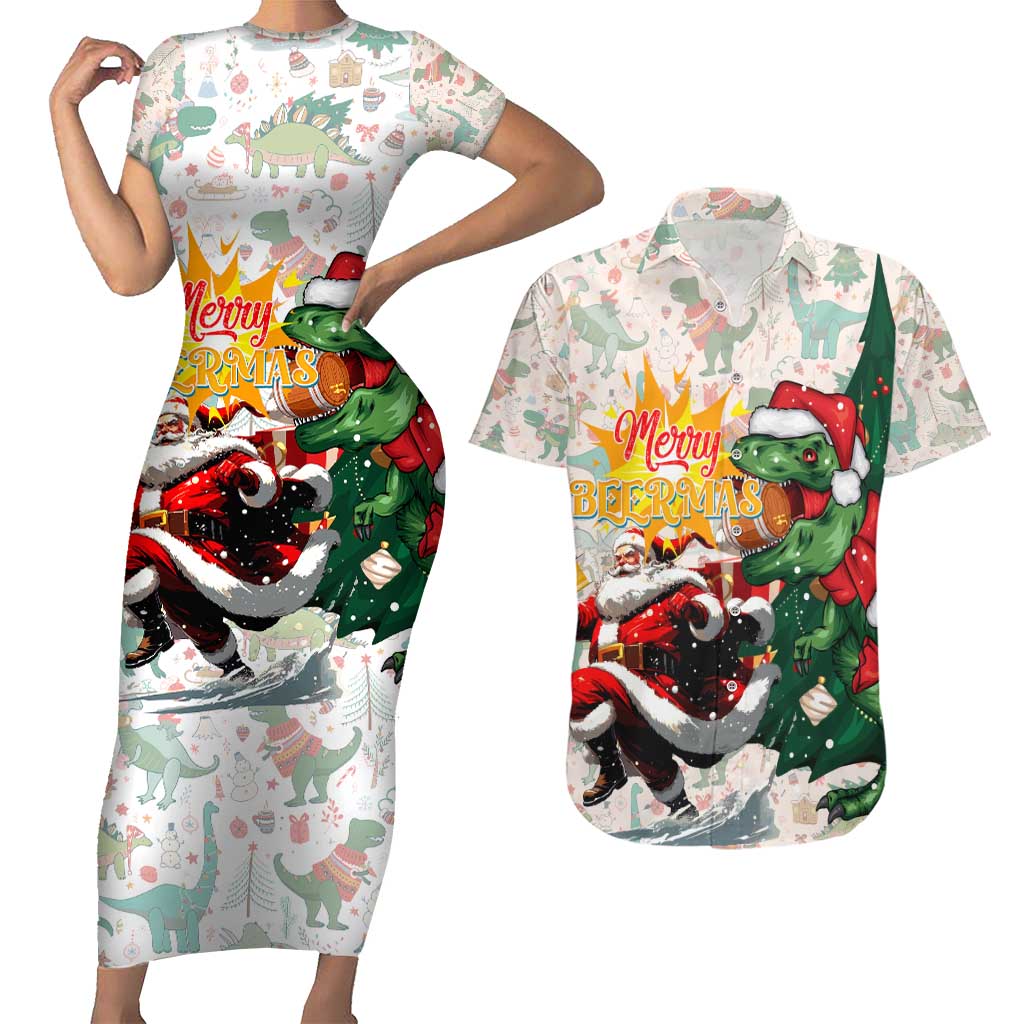 Cheer Santa Claus T-Rex Couples Matching Short Sleeve Bodycon Dress and Hawaiian Shirt Merry Beermas Christmas - Wonder Print Shop