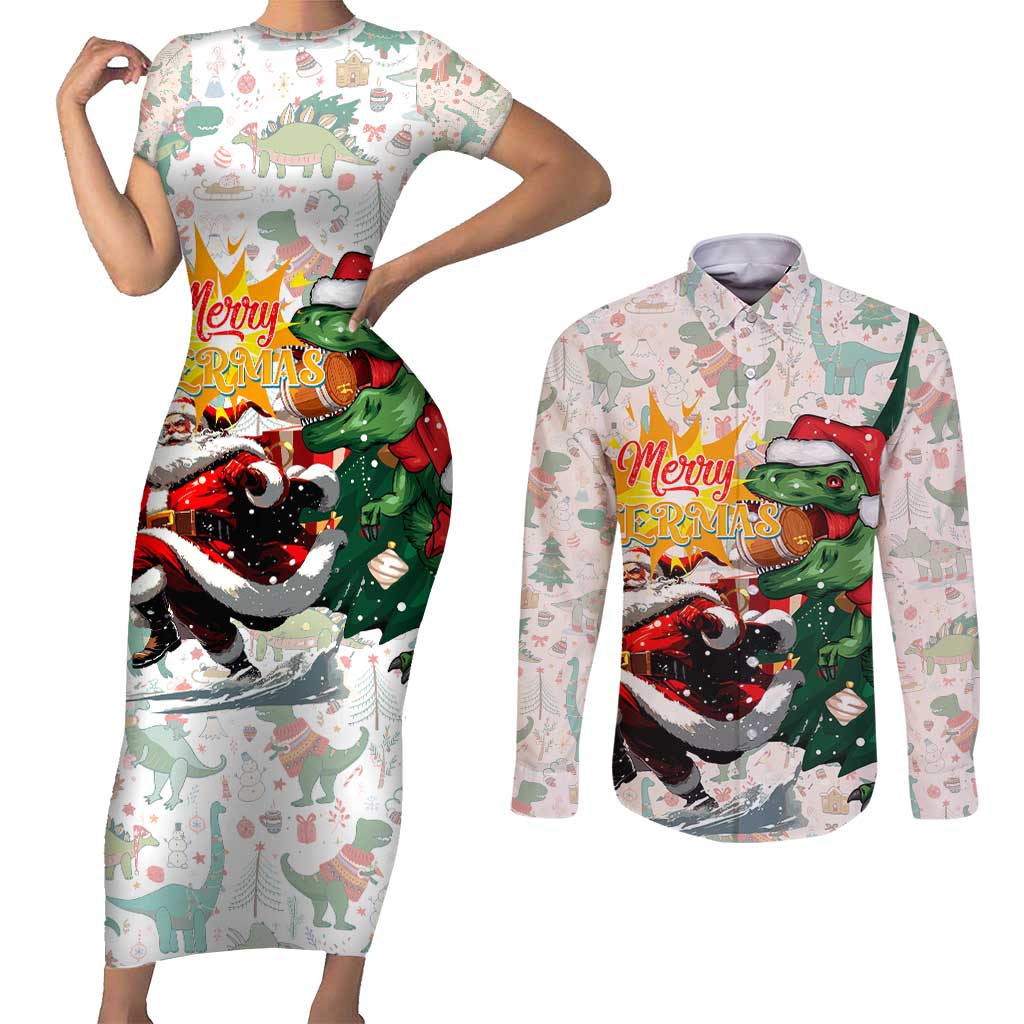 Cheer Santa Claus T-Rex Couples Matching Short Sleeve Bodycon Dress and Long Sleeve Button Shirt Merry Beermas Christmas - Wonder Print Shop