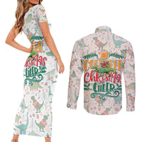 Cheer Santa Claus T-Rex Couples Matching Short Sleeve Bodycon Dress and Long Sleeve Button Shirt Merry Beermas Christmas - Wonder Print Shop