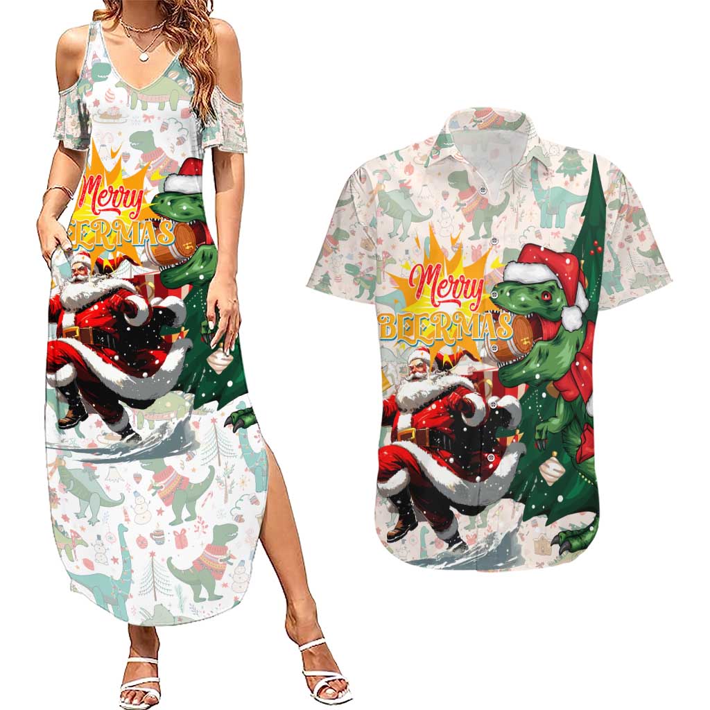 Cheer Santa Claus T-Rex Couples Matching Summer Maxi Dress and Hawaiian Shirt Merry Beermas Christmas - Wonder Print Shop