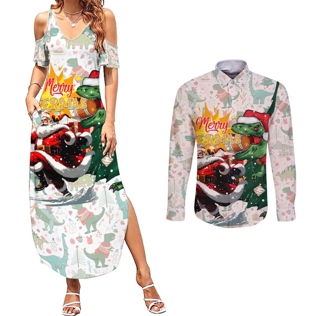 Cheer Santa Claus T-Rex Couples Matching Summer Maxi Dress and Long Sleeve Button Shirt Merry Beermas Christmas - Wonder Print Shop