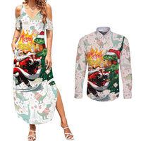 Cheer Santa Claus T-Rex Couples Matching Summer Maxi Dress and Long Sleeve Button Shirt Merry Beermas Christmas - Wonder Print Shop