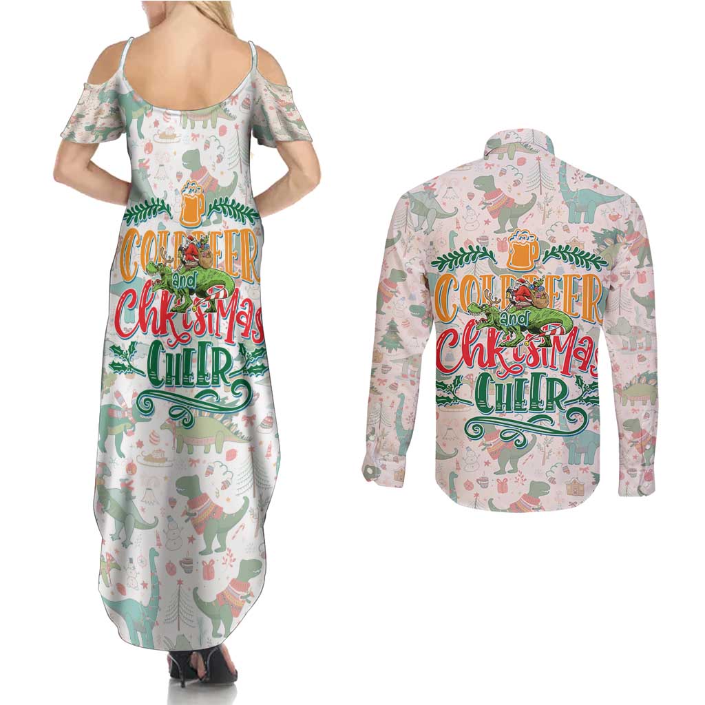 Cheer Santa Claus T-Rex Couples Matching Summer Maxi Dress and Long Sleeve Button Shirt Merry Beermas Christmas - Wonder Print Shop