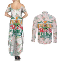 Cheer Santa Claus T-Rex Couples Matching Summer Maxi Dress and Long Sleeve Button Shirt Merry Beermas Christmas - Wonder Print Shop