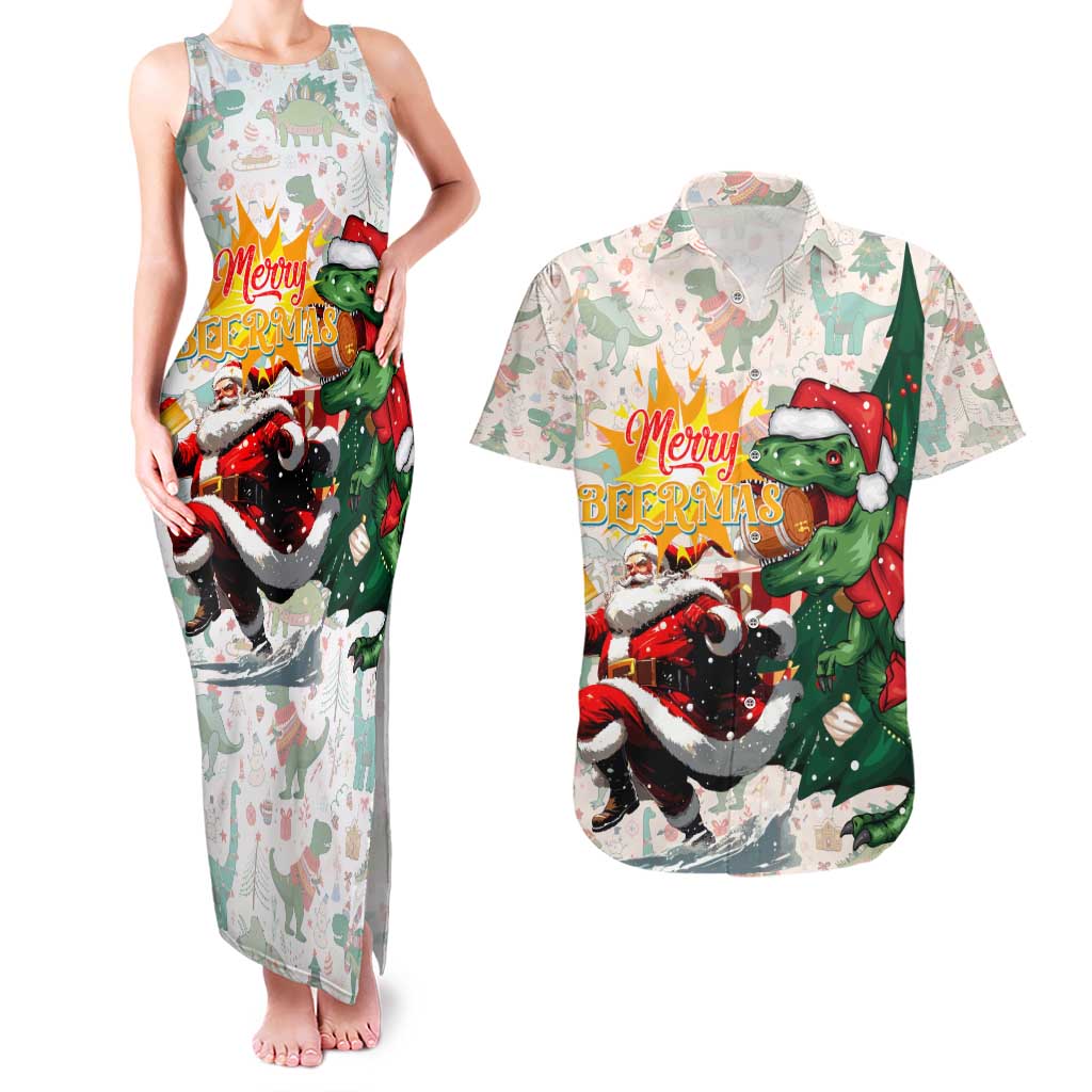 Cheer Santa Claus T-Rex Couples Matching Tank Maxi Dress and Hawaiian Shirt Merry Beermas Christmas - Wonder Print Shop