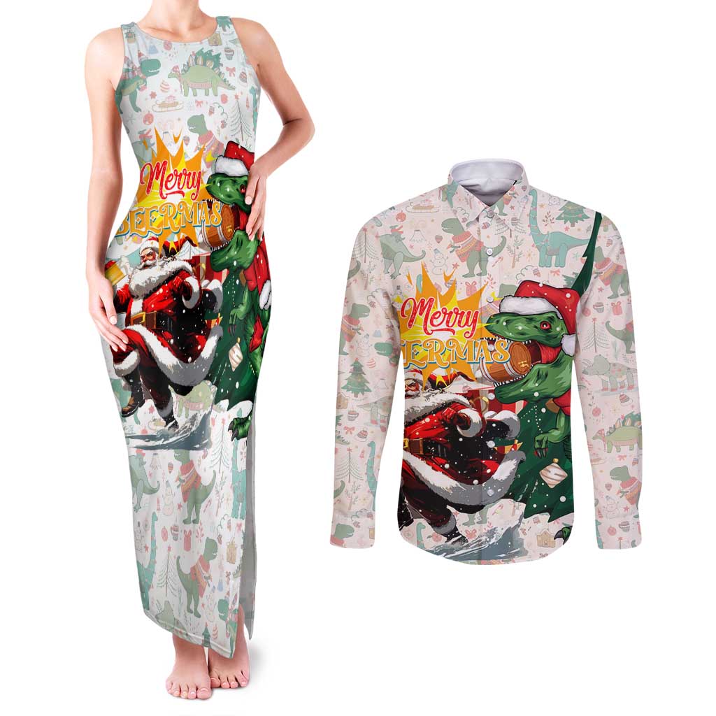Cheer Santa Claus T-Rex Couples Matching Tank Maxi Dress and Long Sleeve Button Shirt Merry Beermas Christmas - Wonder Print Shop
