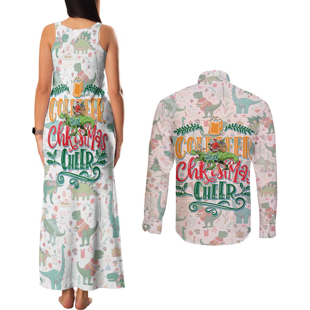 Cheer Santa Claus T-Rex Couples Matching Tank Maxi Dress and Long Sleeve Button Shirt Merry Beermas Christmas - Wonder Print Shop