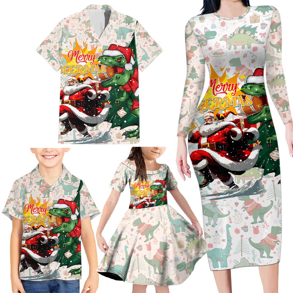 Cheer Santa Claus T-Rex Family Matching Long Sleeve Bodycon Dress and Hawaiian Shirt Merry Beermas Christmas - Wonder Print Shop