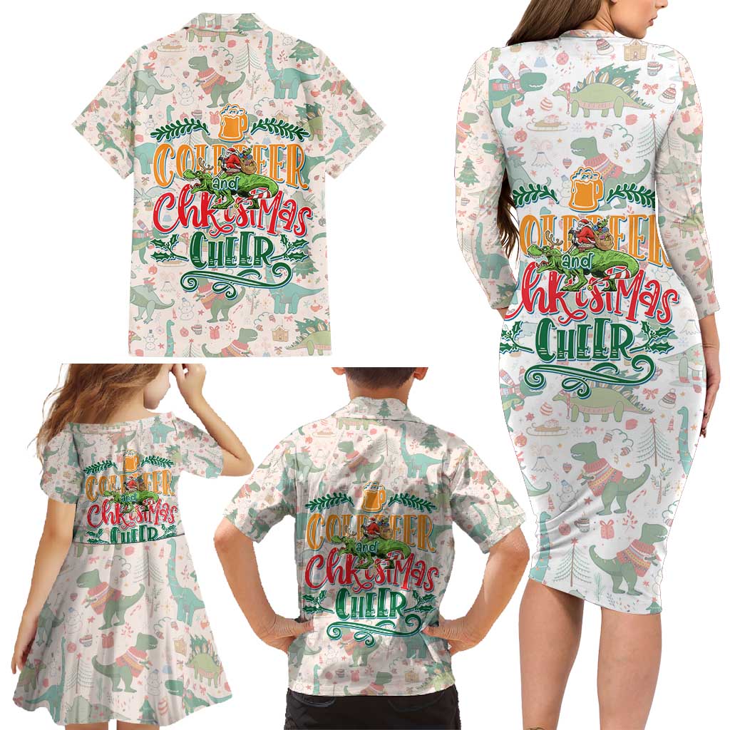 Cheer Santa Claus T-Rex Family Matching Long Sleeve Bodycon Dress and Hawaiian Shirt Merry Beermas Christmas - Wonder Print Shop