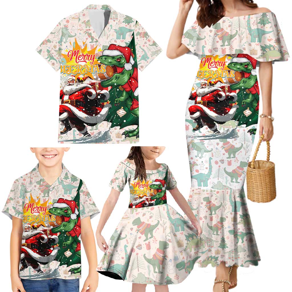 Cheer Santa Claus T-Rex Family Matching Mermaid Dress and Hawaiian Shirt Merry Beermas Christmas - Wonder Print Shop