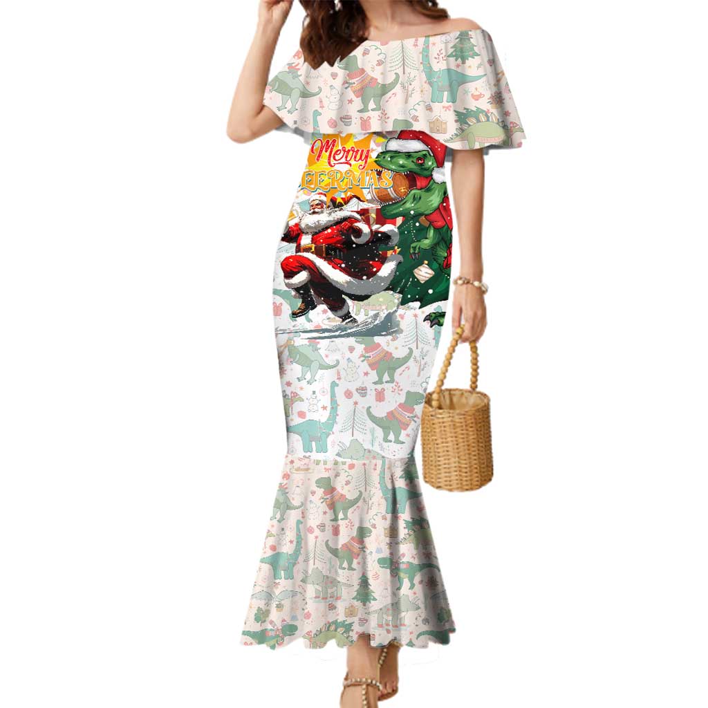 Cheer Santa Claus T-Rex Family Matching Mermaid Dress and Hawaiian Shirt Merry Beermas Christmas - Wonder Print Shop