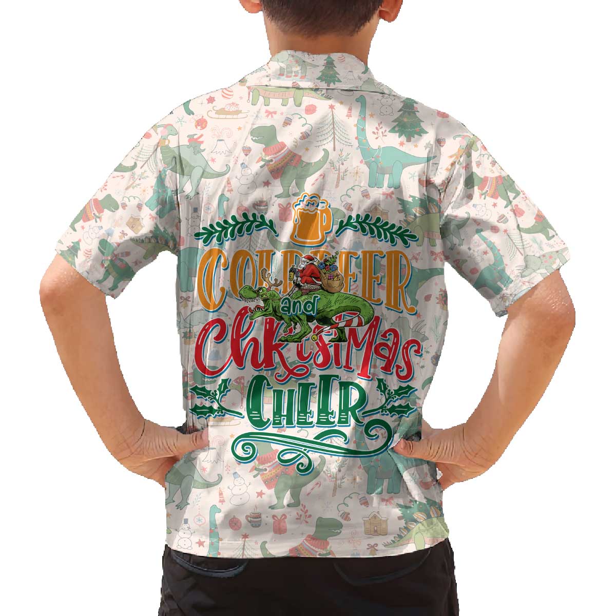 Cheer Santa Claus T-Rex Family Matching Off The Shoulder Long Sleeve Dress and Hawaiian Shirt Merry Beermas Christmas - Wonder Print Shop