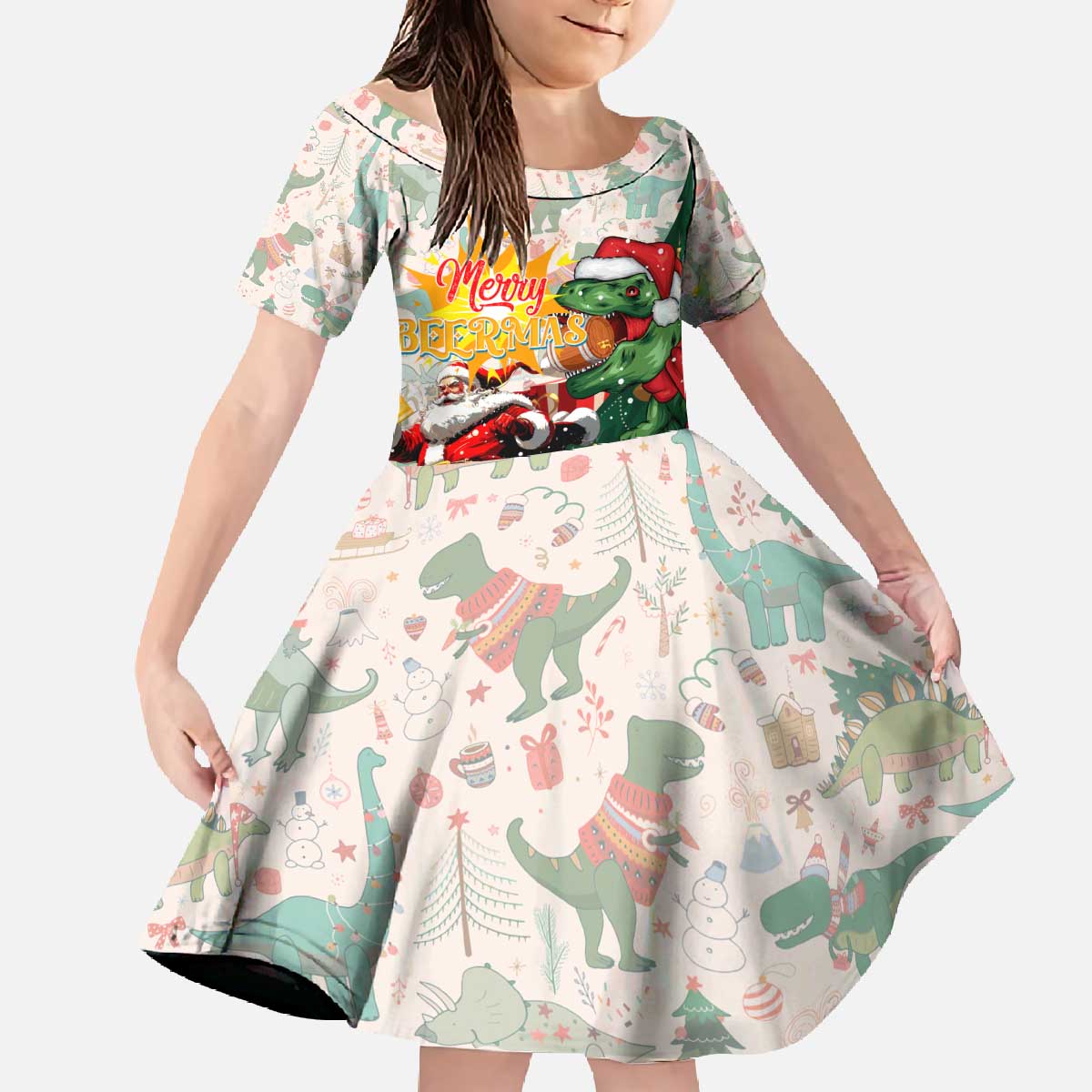 Cheer Santa Claus T-Rex Family Matching Off The Shoulder Long Sleeve Dress and Hawaiian Shirt Merry Beermas Christmas - Wonder Print Shop