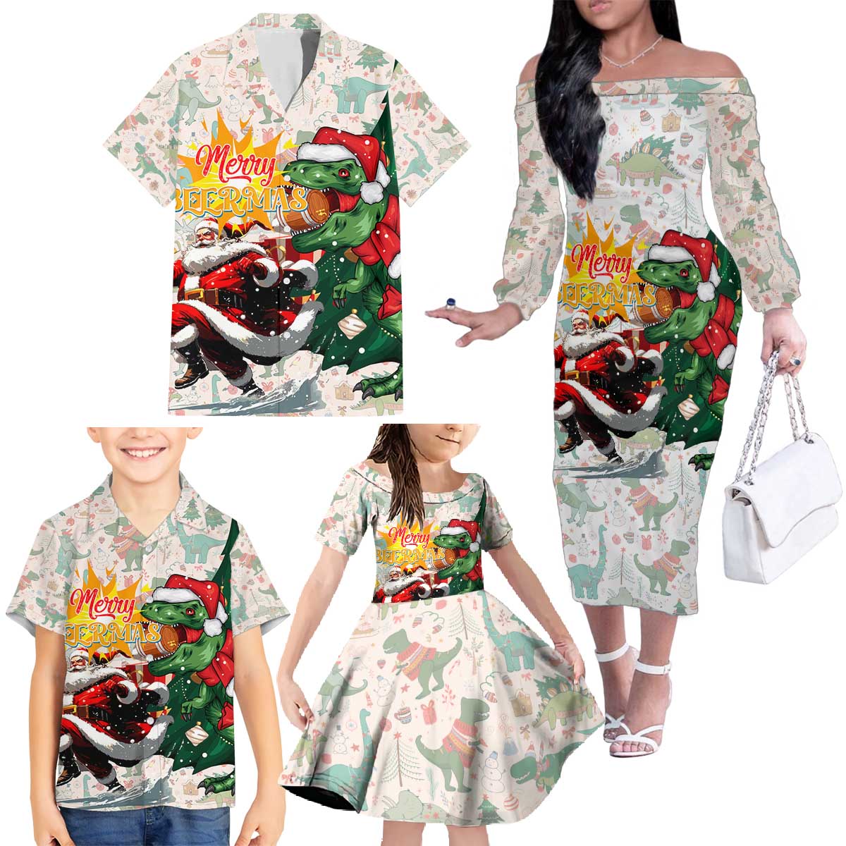 Cheer Santa Claus T-Rex Family Matching Off The Shoulder Long Sleeve Dress and Hawaiian Shirt Merry Beermas Christmas - Wonder Print Shop