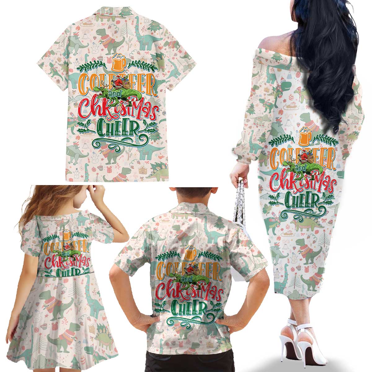 Cheer Santa Claus T-Rex Family Matching Off The Shoulder Long Sleeve Dress and Hawaiian Shirt Merry Beermas Christmas - Wonder Print Shop