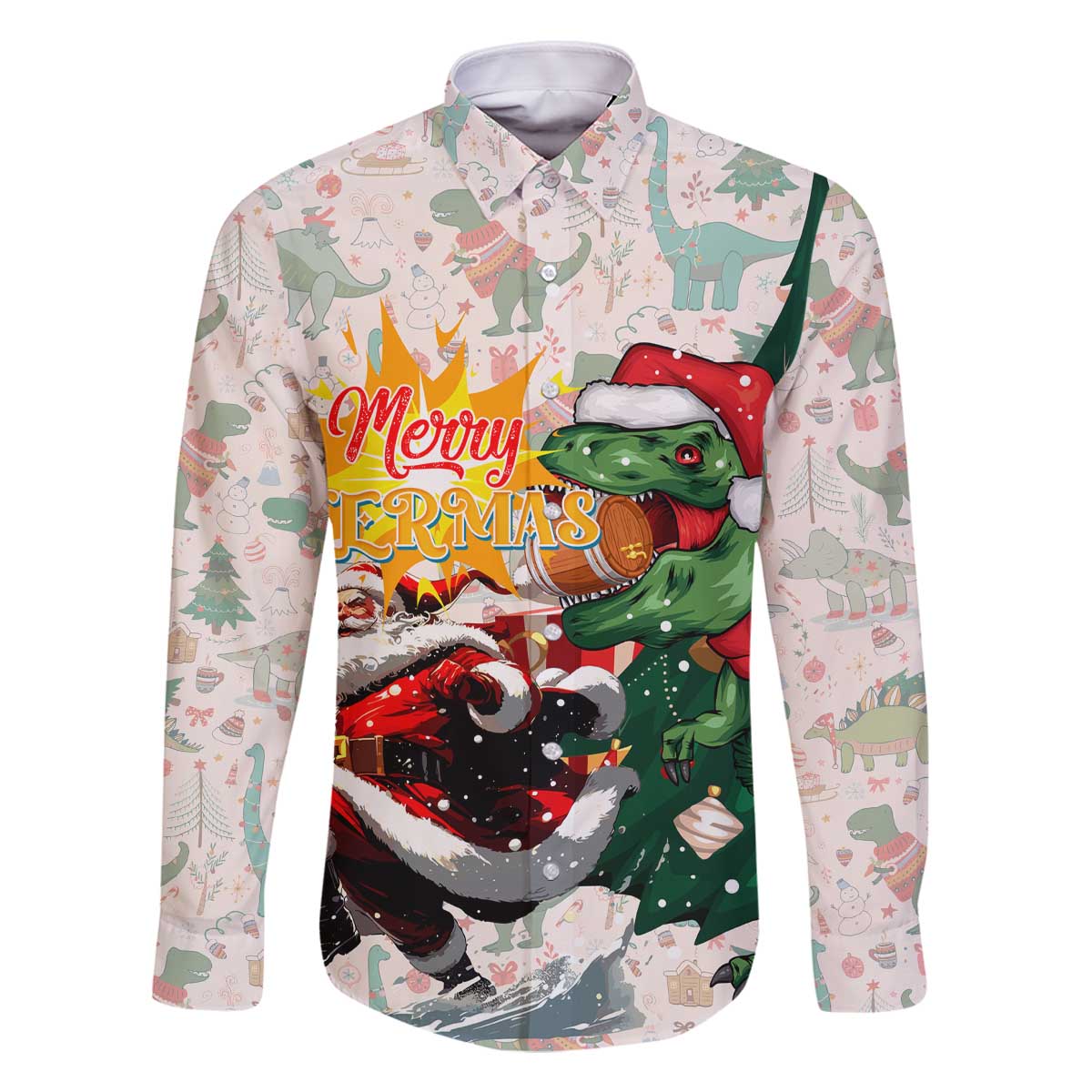 Cheer Santa Claus T-Rex Family Matching Off The Shoulder Long Sleeve Dress and Hawaiian Shirt Merry Beermas Christmas - Wonder Print Shop