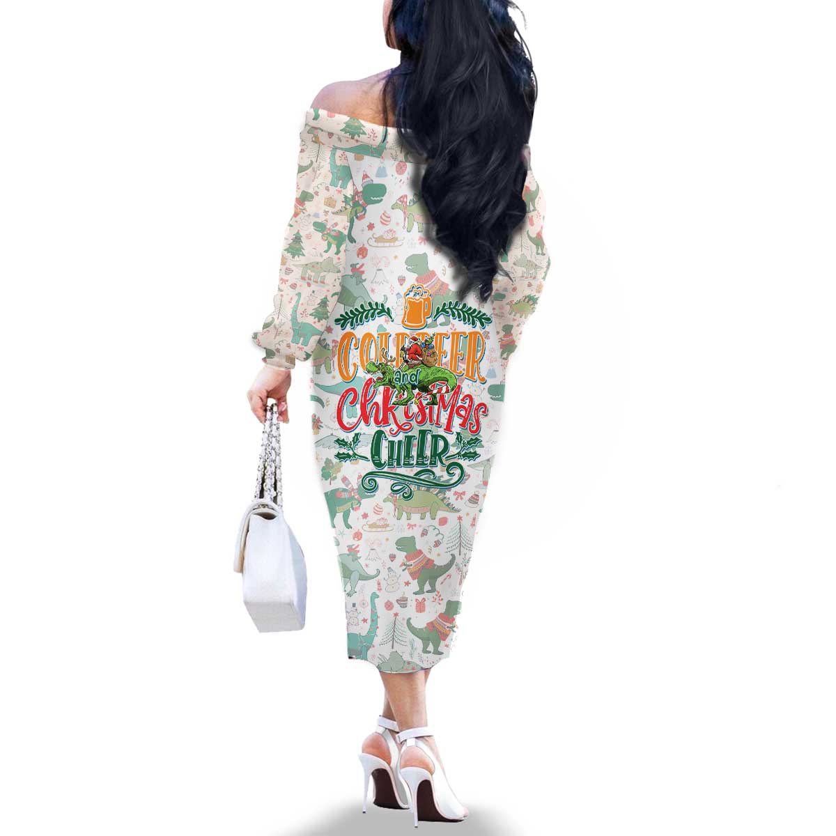 Cheer Santa Claus T-Rex Family Matching Off The Shoulder Long Sleeve Dress and Hawaiian Shirt Merry Beermas Christmas - Wonder Print Shop