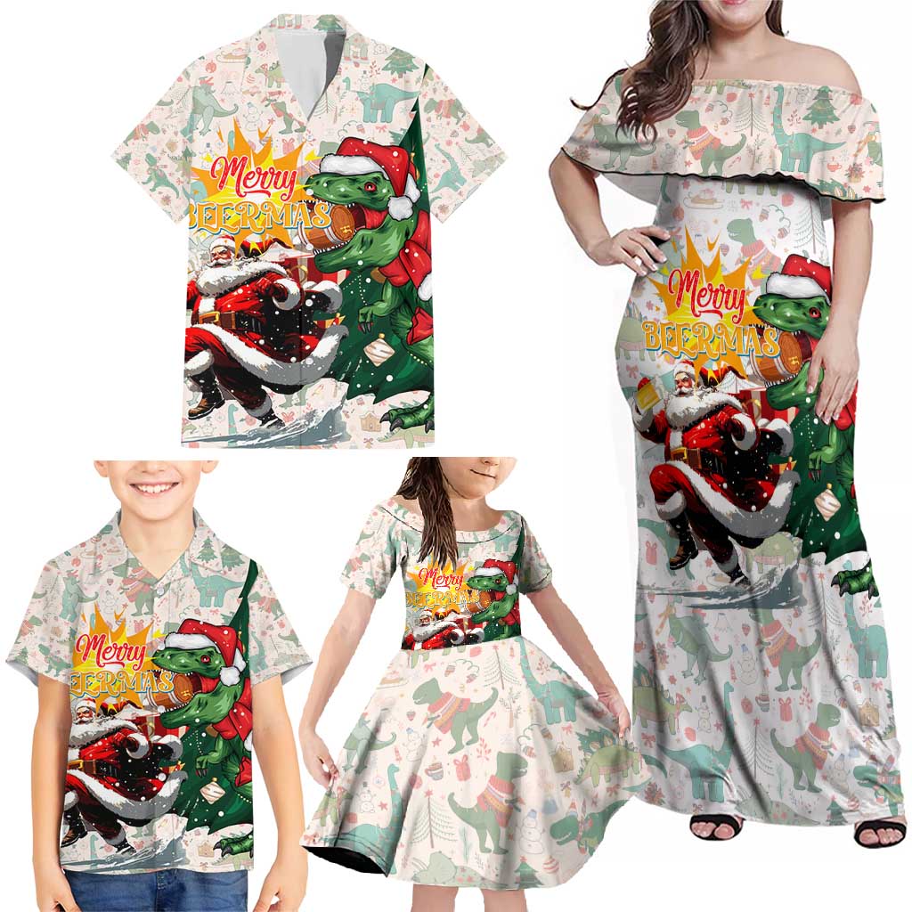 Cheer Santa Claus T-Rex Family Matching Off Shoulder Maxi Dress and Hawaiian Shirt Merry Beermas Christmas - Wonder Print Shop